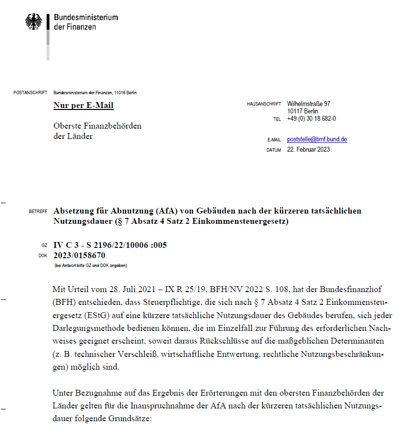 BMF Schreiben vom 22.02.2023 Restnutzungsdauer